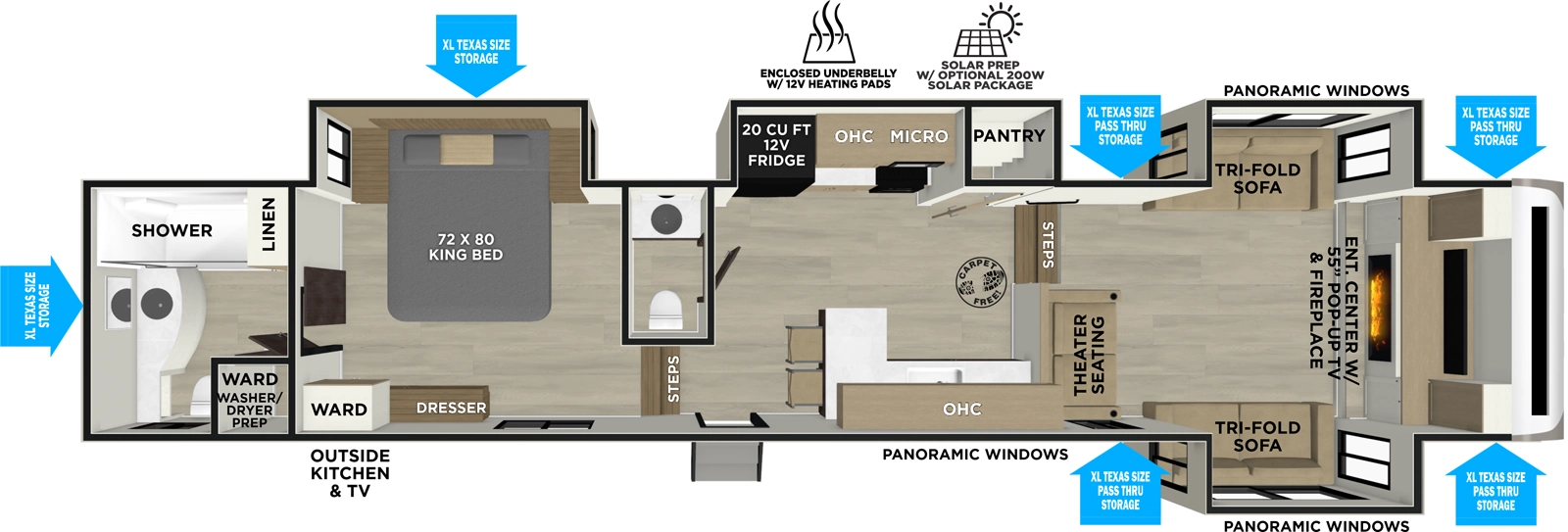 The Heritage Glen Fifth Wheels 36FL floorplan has one entry and four slide outs. Exterior features include: fiberglass exterior, 20' awning,  outside entertainment and outside kitchen. Interiors features include: front living, rear bathroom and bathroom and a half.